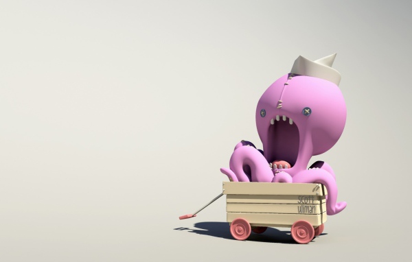 Розовый осьминог на тележке