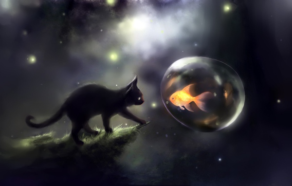 Черный котенок и золотая рыбка, арт