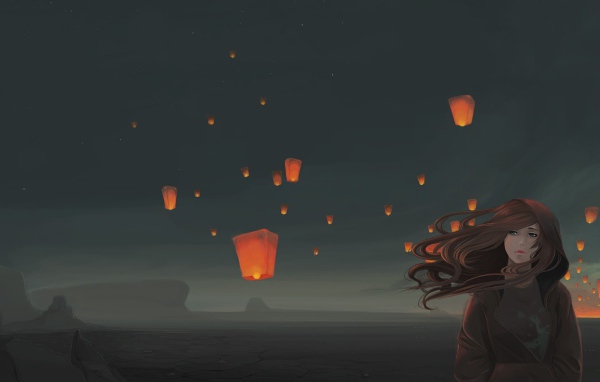 Китайские фонарики за спиной у девушки