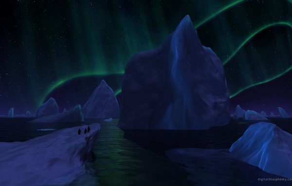 Айсберги под северным сиянием