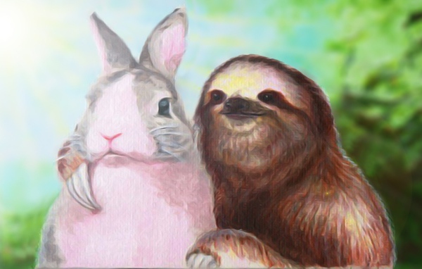 Ленивец обнимает кролика