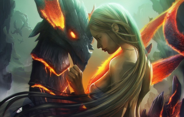 Длинноволосая девушка и дракон