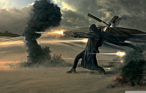 Солдат в черном плаще стреляет из оружия