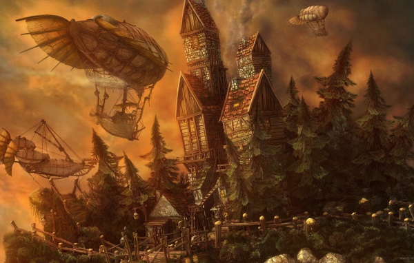 Дирижабли у замка в мире фэнтези