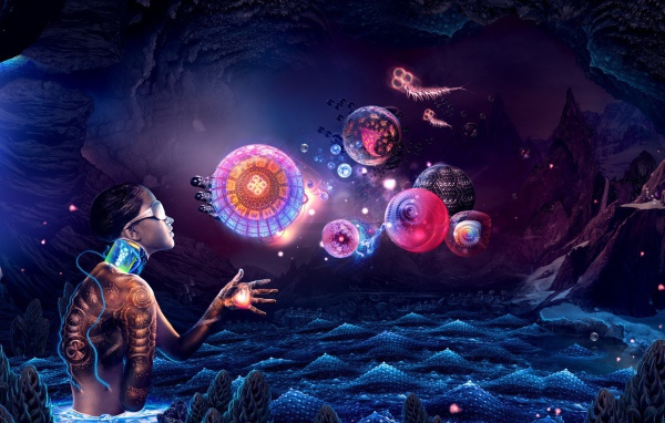 Андроид смотрит на абстрактные сферы