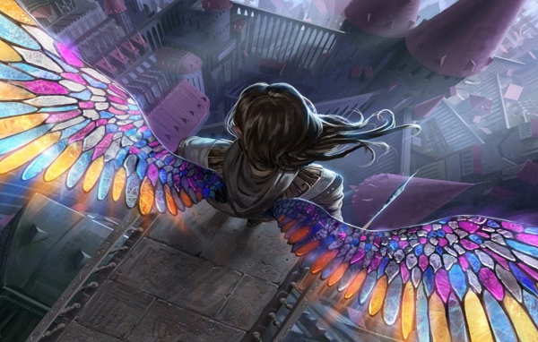 Ангел с радужными крыльями на краю