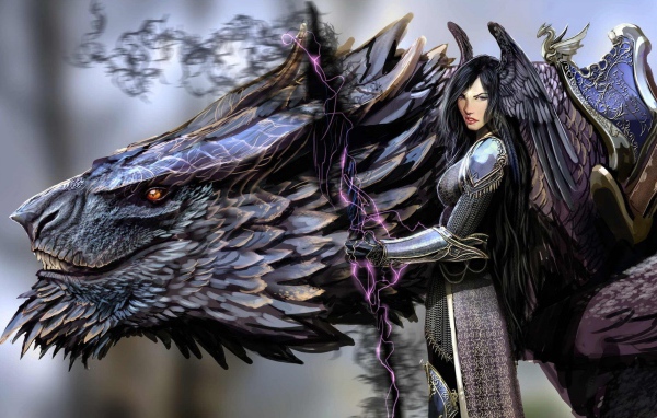 Аниме девушка держит власть над драконом