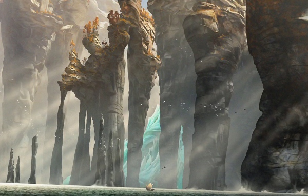 Лодка у подножия каменных столбов