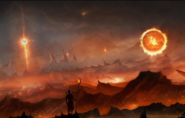 Огненный шар над скалами, фэнтези