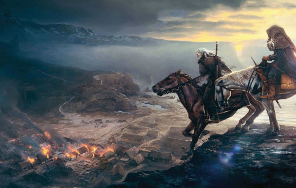 Всадники смотрят на горящую деревню