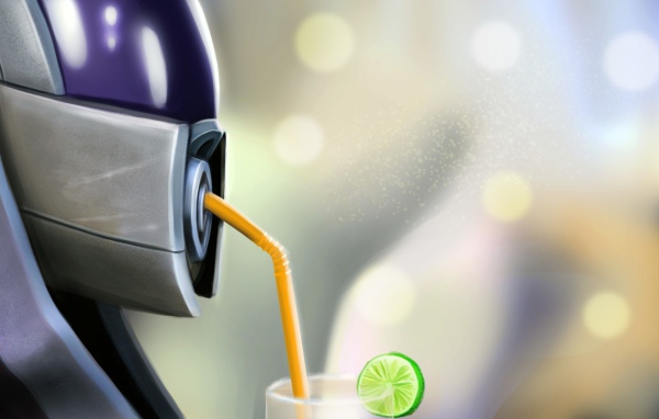 Робот пьет коктейль через соломинку