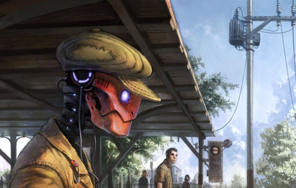 Робот в кепке ждет поезда на платформе