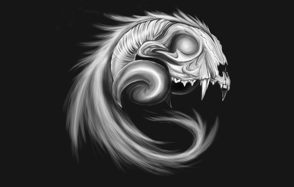 Череп сказочного животного, серый фон