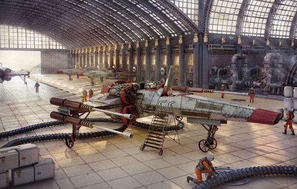 Космический истребитель в ремонтном ангаре