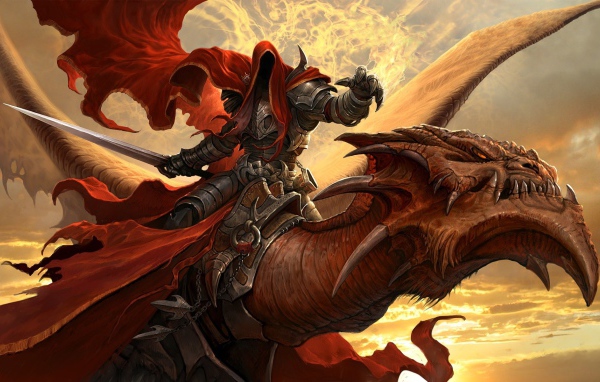 Spirit in armor riding a dragon