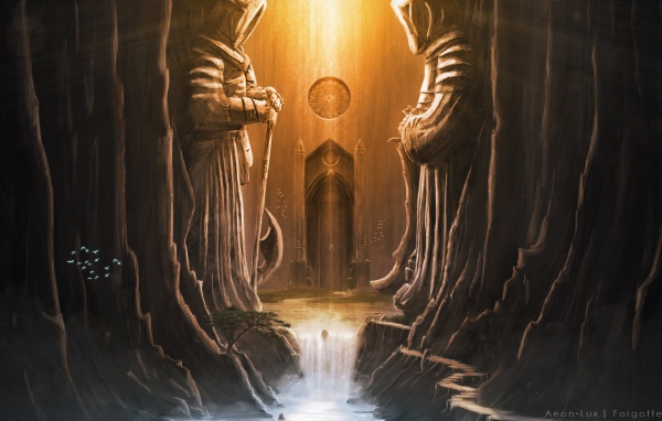 Каменный стражи у входа в храм, фэнтези