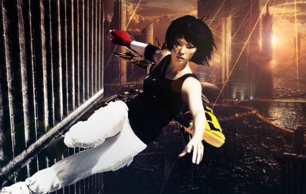 Девушка бежит по стене небоскреба