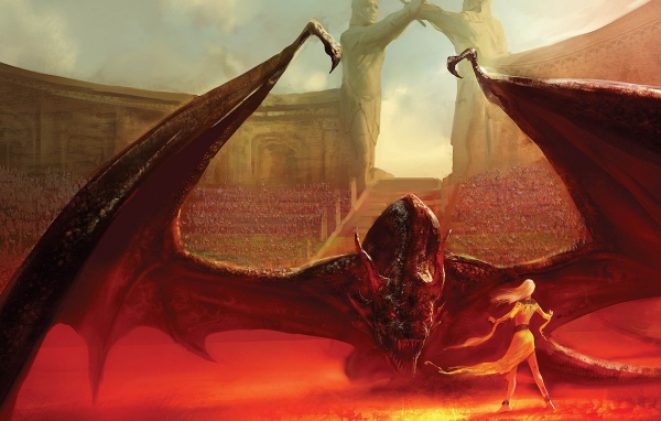 Девушка сражается с драконом на арене