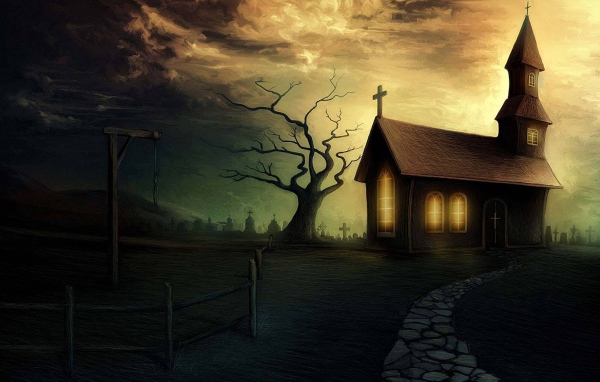 Свет в окнах церквушки и виселица перед ней