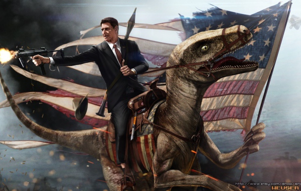 Президент США верхом на динозавре