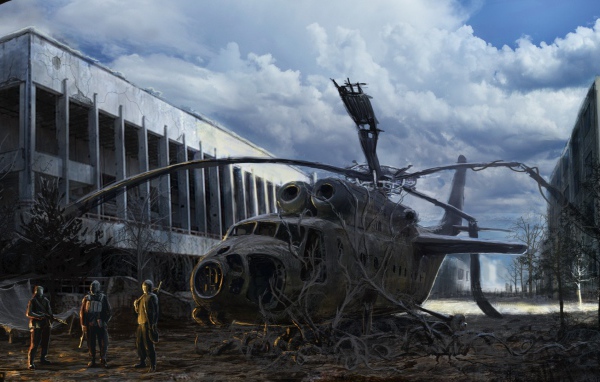 Разбитый вертолет зарос, постапокалипсис