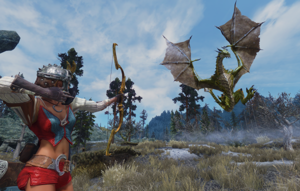 Лучница поражает дракона в игре The Elder Scrolls V Skyrim