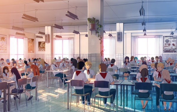 Пионеры в столовой в игре Бесконечное лето