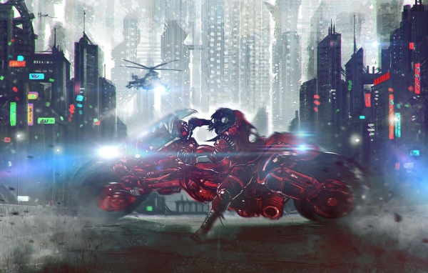 Гонщик Акира уходит от погони на вертолетах