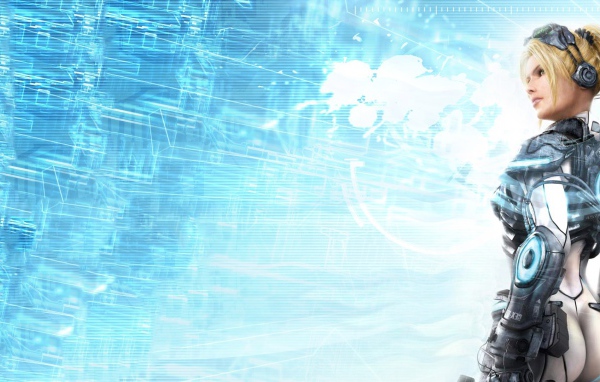 Девушка из игры Starcraft II, голубой фон