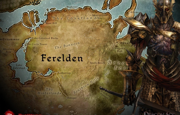 Воин на фоне карты игры Dragon Age Origins