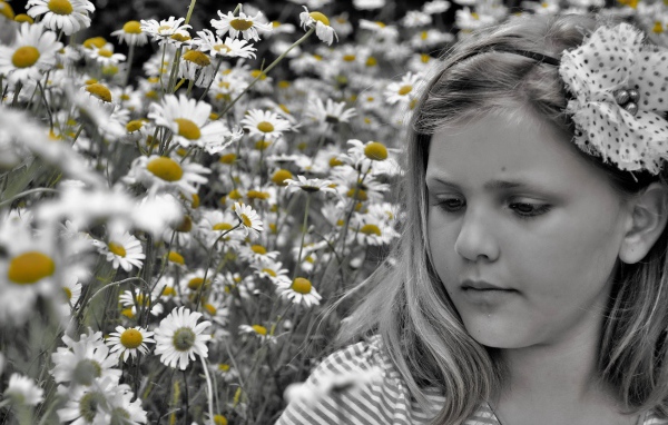 Черно белая девушка на фоне ромашек