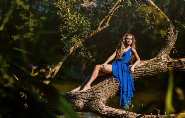 Девушка в голубом платье на дереве
