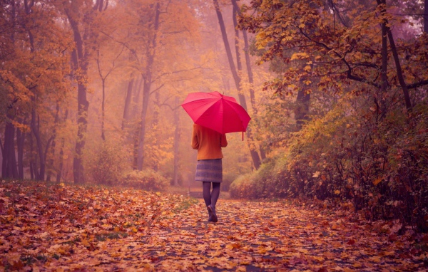 Девушка с красным зонтом идет по аллее
