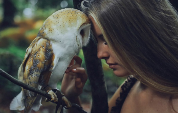 Девушка прислонилась к сове