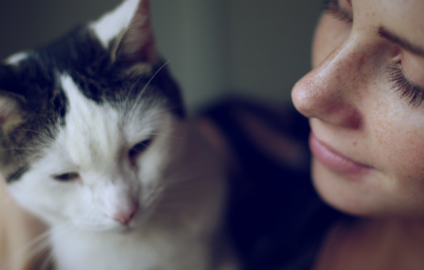 Девушка смотрит на своего кота с любовью