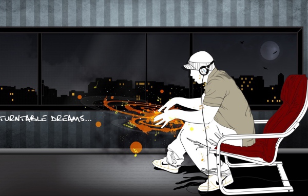 Диджей наушниках с воображаемым пультом