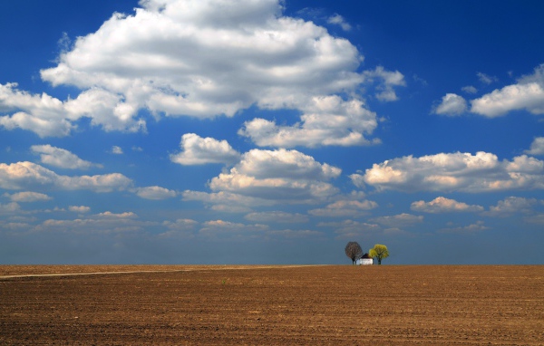 Одинокое строение среди вспаханного поля