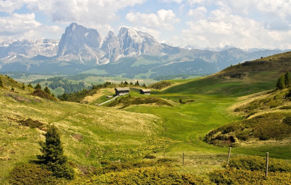 Фермы на зеленых полях среди гор