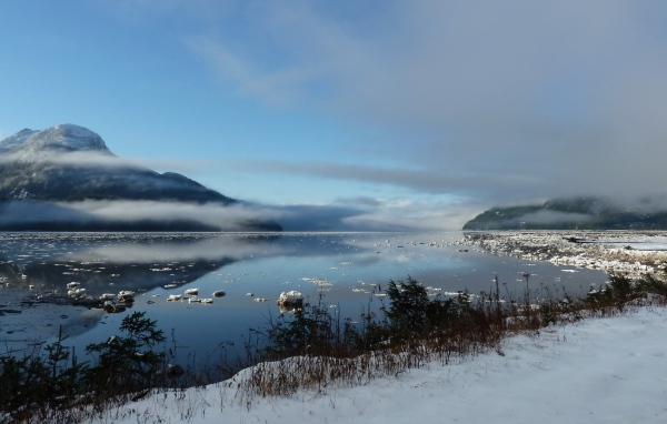 Туманное зимнее озеро в горах