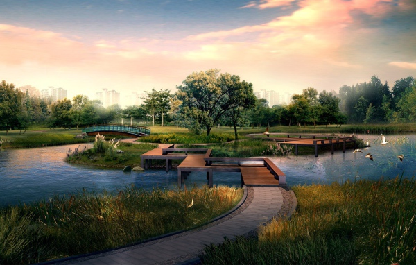 Деревянные мосты через реку в парке