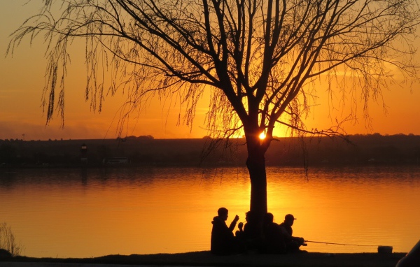 Рыбаки отдыхают под деревом на закате