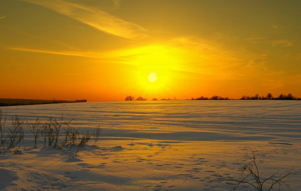 Солнце клонится к закату над заснеженным полем