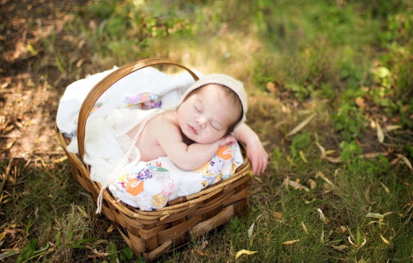 Ребенок спит в корзинке на траве