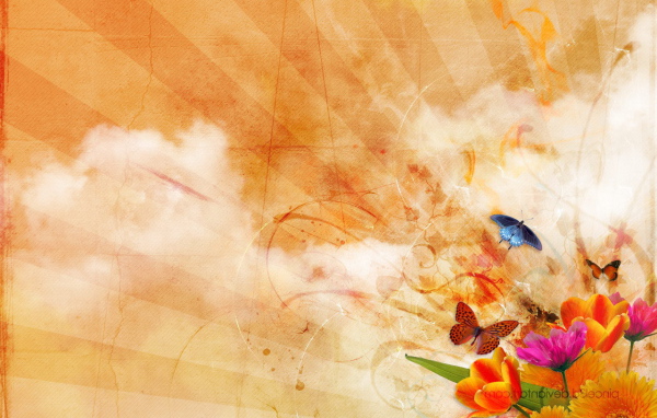 Цветы и бабочки на облаках