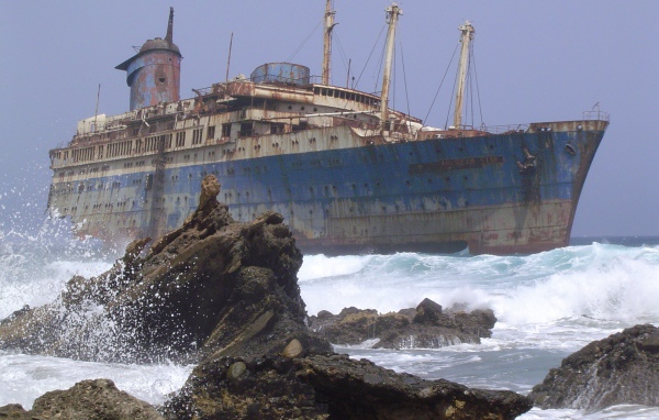 Abandoned ship is on the rocks