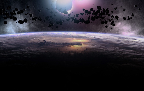 Облако черных астероидов над планетой