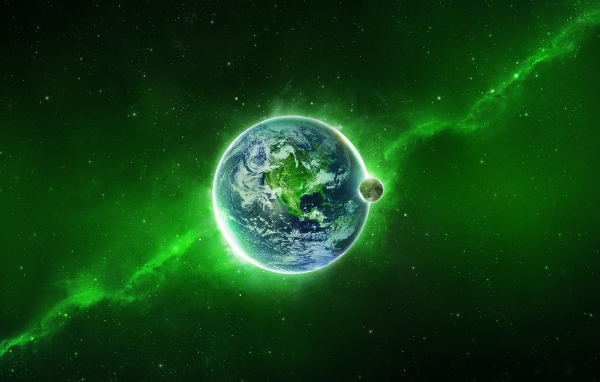 Наша планета на фоне зеленой туманности