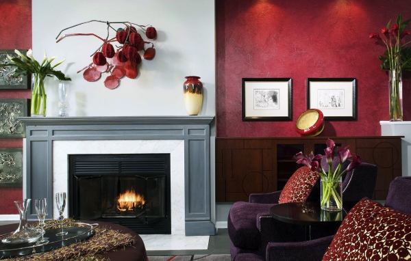 Гостиная с камином в красных тонах