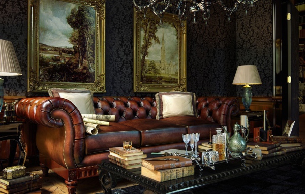 Роскошный кожаный диван в богатой гостиной