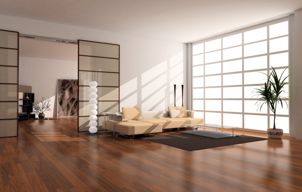 Лучи солнца освещают гостиную, оформленную в стиле минимализма